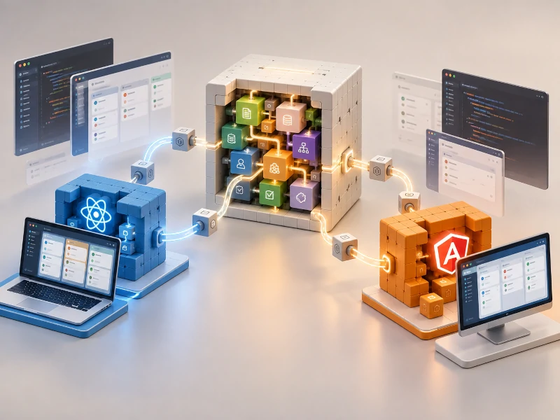 Model a small workboard once in a root BlockML library, then derive a React companion and an Angular companion from that model.